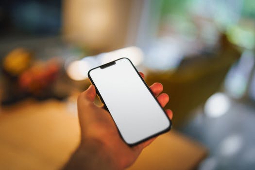 A hand holding a smartphone with a blank screen in a blurred indoor setting.